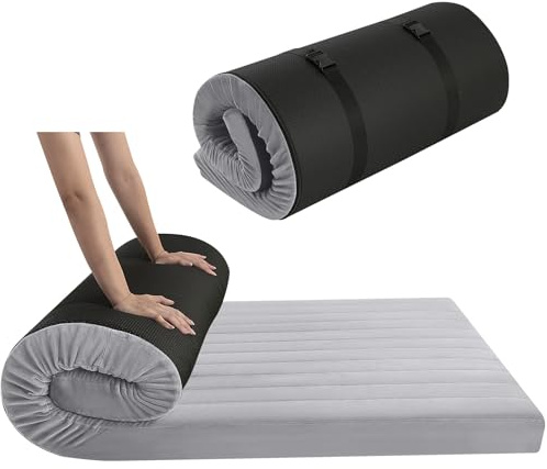 MeMoreCool Roll Up Floor Mattress Double, Portable Futon Mattress, High Density Foam Foldable Mattress with Travel Bag, Floor Lounger Sleep Mat Guest Bed Mattress for Travel, Car Tent, Gray