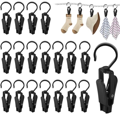 20 Stück Wäscheklammern Schwarz, Klammerhaken Stiefelaufhängung Clips, 360° Drehbarer Stiefelklammern, Kunststoff Klammer Haken Wäscheklammer, für Towel Hut Vorhänge Strandtuch Kleider Badetuch