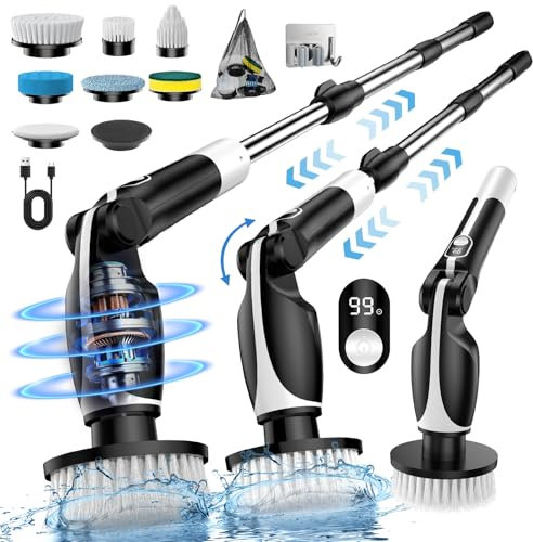 ETENTOUS Cepillo Electrico Limpieza Hogar, 500RPM con 7 Cabezales de Cepillo Reemplazables, Pantalla LCD, 150Mins de Tiempo de Trabajo, Ajustable y Desmontable para Baño Bañera Cristal Coche