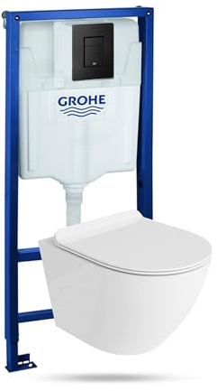 LAVITA Elemento da parete Solido + parete sospesa WC Sofi Slim bianco senza bordi + sedile WC SoftClose | pulsante nero | set completo | cassetta di risciacquo da incasso | WC completo | set completo