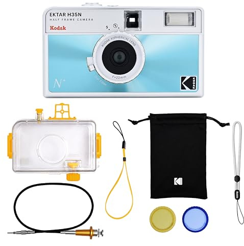 KODAK EKTAR H35N halvram filmkamera premium kit, 35 mm återanvändbart, vattentätt fodral, kabelfrigöring, färgfilter, med blinkande, resevänlig (film och AAA-batteri ingår inte) (glaserat blå)