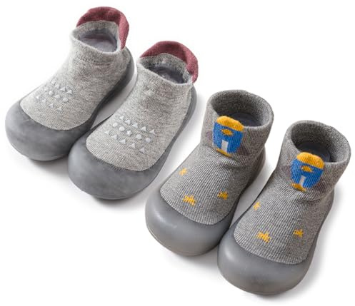 FABRST 2 Pairs Baby Sock Shoes Boys Girls Non Slip Soft Rubber Sole Sneakers Toddler Infant Slip On Slippers First Walking Shoes（Grey A, 6-12Months）