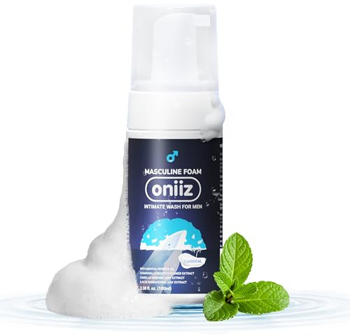 ONIIZ Masculine Foam Men’s Intimate Wash for Odor Control, pH Balanced Cleanser for Sensitive Skin with Green Tea, Aloe & Chamomile - Classical (Fresh Cooling Feel), 3.38 fl oz