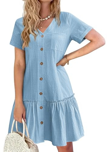 HOTOUCH Summer Dresses for Women UK Button Down Mini Dress Cotton Linen Dress Short Sleeve Ruffle Hem Casual Beach Dresses Light Blue L