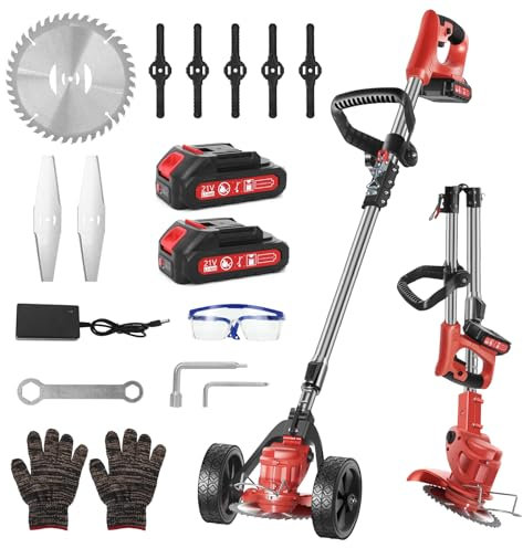 Ykall Desbrozadora Eléctrica Sin Cable 21V – Cortacésped Ligero a Batería con 3 Tipos de Cuchillas, 2 Baterías y Ruedas – Recortadora Plegable y Cortadora de Brotes para Jardín, Césped y Arbustos