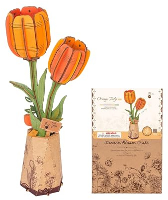 ROBOTIME Tulipe Orange Puzzle 3D en Bois, Kit De Modèle De Fleur Artificielle pour Adultes, Construction De Décoration Créative pour La Maison, Cadeaux De Saint-Valentin pour Femmes
