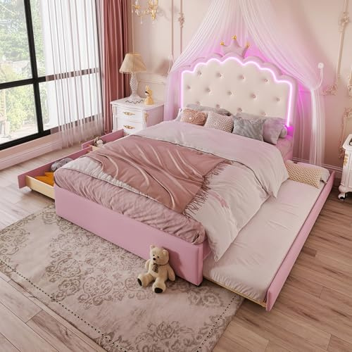 Lubvtti Letto per bambini 140x200cm con LED,con letto estraibile e 2 cassetti,letto matrimoniale con contenitore,telaio del letto 140x200 con rete a doghe,PU,rosa