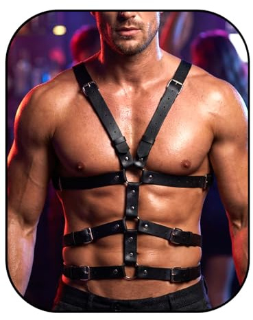Fstrend Men's Mardi Gras Faux Leather Chest Harness, Black Strap Belt Fashion Rave Outfits Body Accessory