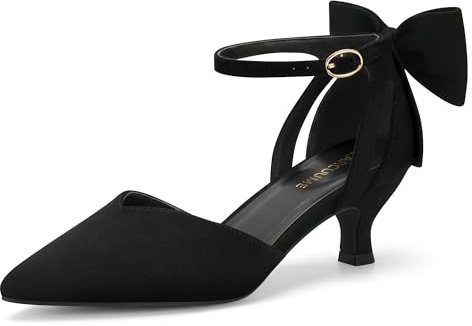 Carcuume Women's Kitten Heels with Bow Closed Toe Sandals Ankle Strap Wedding Pump Shoes, Beni-Black-9