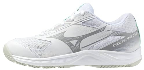 Mizuno Cyclone Speed 5 Jr Court - Zapatos para jugadores jóvenes, color blanco/negro/esmeralda congelada, talla 38
