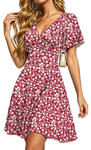 PLMOKEN Sommarklänning damer kort blomma kortärmad omlottklänning damer sommar, Röd blomma, M