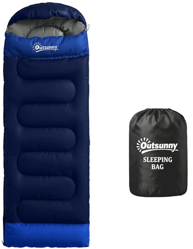 Outsunny Saco de Dormir Adulto Ligero y Compacto para 3 Estaciones Azul | Impermeable, Saco de Dormir Rectangular Plegable Portátil, Tamaño Pequeño, Bolsa 3 Estaciones, Acampar