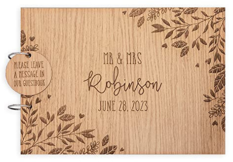Wedding guest book personalised wooden laser engraved guestbook with rustic style | leaves | keepsake
