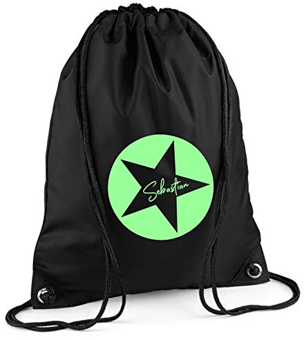 Turnbeutel mit Namen | Motiv Stern Sterne inkl. Namensdruck | personalisieren & bedrucken | Sportbeutel Schuhbeutel dunkel-blau für Jungen & Mädchen Kinder | Rucksack zum Zuziehen (schwarz)