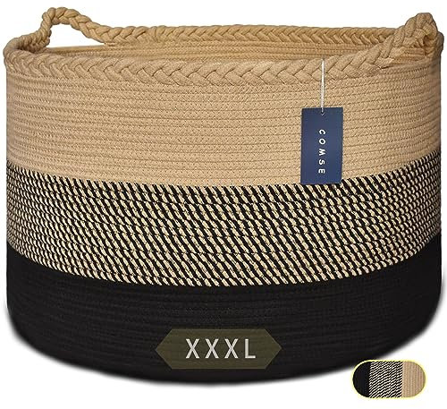 COMSE Extra Large Blanket Basket, Woven Laundry Basket, 55 x 35 CM, Nursery Hamper, Cotton Rope Laundry Hamper Living Room for Storage Toys Clothes Towels, Brown/Black