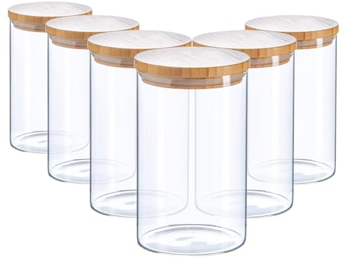 Argon Tableware Scandi Storage Jars with Wooden Lids - 1000ml - 6 Pack - Modern Round Organisation Container Glass Jar for Kitchens, Pantry, Bathrooms, Utility Rooms