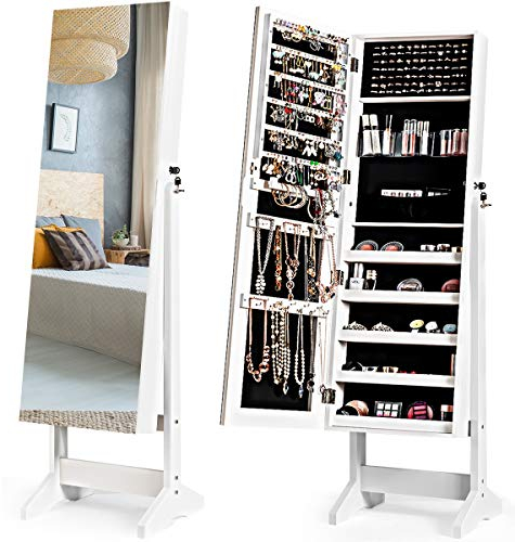 COSTWAY Schmuckschrank abschließbar, freistehender Spiegelschrank mit Ganzkörperspiegel, Schmuck Organizer neigbar für Make-up, 41 x 36,5 x 146cm (Weiß)