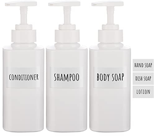 Segbeauty Dispensadores de Jabón con Etiquetas, Paquete de 3 Botellas de Champú de 300 ml, Champú Recargable de Plástico, Loción, Botella de Jabón de Manos para Cocina y Baño, Blanco