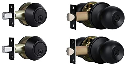 Exterior Door Lock Set with Deadbolt, Single Cylinder Deadbolt Lock and Door Knob Set, Keyed Alike Door Locks for Front Door,Matte Black Door Knob and Deadbolt Set(2Pack Set)