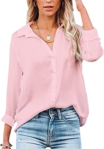 Womens Blouse Casual Long Sleeve Tops V Neck Button Down Shirts Basic Loose Tunic T Shirts (XL, Pink-1)
