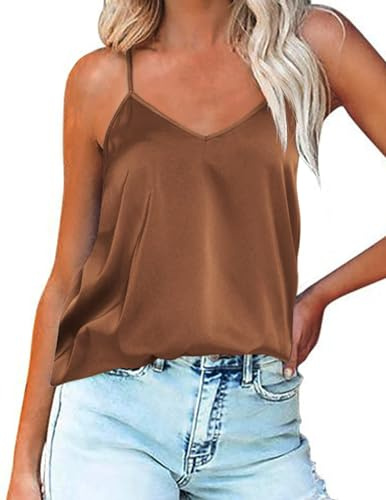 Ekouaer Camis et Débardeurs Femme Satin Caraco Soie Col V Maillot de Corps à Bretelles Spaghetti Réglable Blouse Haut T-Shirt Cami Tops S-XXL