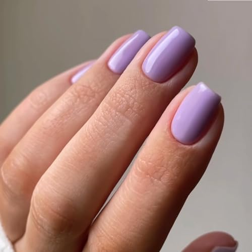MouyouGlow Press on Nails Kurz,Squoval Lila Lavendel Flieder Einfarbige Glossy Fake Nails Kunstnägel mit Nagelkleber,Wisteria Mauve Purple Solid Künstliche Fingernägel …