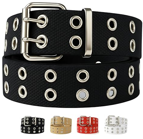 WAUNEE Double Grommet Canvas Belt – Adjustable Punk Style Web Belt for Women & Men Jeans, Unisex 1.5” Wide, Cotton Strap with Metal Buckle (black, L: waist size 36~40)