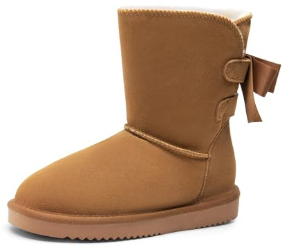 DREAM PAIRS Stivali Invernali da Donna FuzzyChic con Fiocco in Vera Pelle Scamosciata Fodera Stivaletti Corti per Esterno e Interno,Size 41.5,Castagna,SDSB2408W
