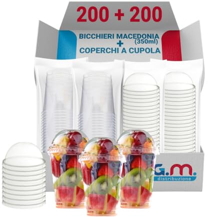G.M. DISTRIBUZIONE 100 Bicchieri Macedonia o Frutta in PP da 350ml + 100 Coperchi A Cupola in PS, Bicchieri e Coperchi Trasparenti, Bicchiere Riutilizzabile Alta Qualità per Bar e Gelaterie.