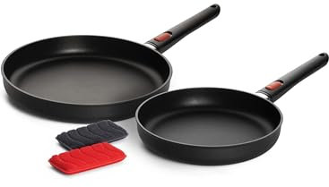 Woll Eco Lite QXR Pfannenset 3 tlg. - Induktiv -, Flachpfanne Ø 24 cm + Ø 28 cm, 5 cm hoch, mit abnehmbarem Stiel, PFAS-frei,100% recyceltes Aluminium, backofenfest, schwarz + 2 Silikon-Schwämme