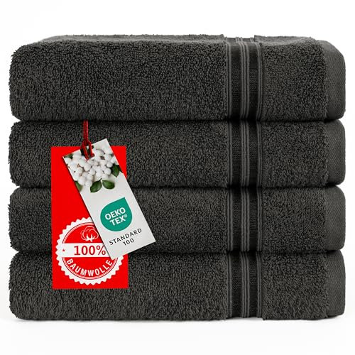 Hammetex 4er Badetuch Set, 100% Baumwolle Premium Qualität Groß 50x100cm Handtuch, Weich Saugstark Schnell Trocknendes Händehandtuch, Anthrazit