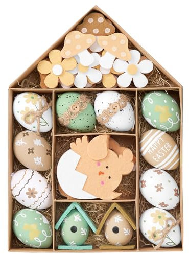 Valery Madelyn 40er Ostereier zum Aufhängen für Osterdeko,künstliche Ostereier für Ostern Deko,Grün Braun Osterschmuck Set Osterküken Blumen für Frühlingsdeko Osterbäume,Ostern Geschenke Kinder(M)