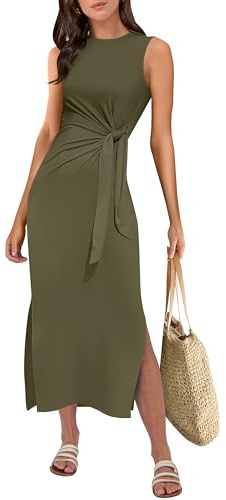 ANRABESS Womens Summer Casual Sleeveless T Shirt Midi Dress Slim Fit Tie Waist Split Tank Long Dresses 2026 Vacation Sundress Army Green