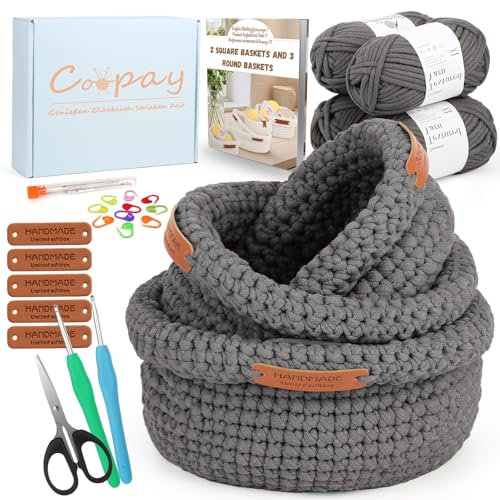Coopay Häkelset für Anfänger - 3 Größe Rund Körbe mit Häkelanleitung, DIY-Set mit Häkelnadel, Häkelwolle zum Häkeln Lernen - Grau