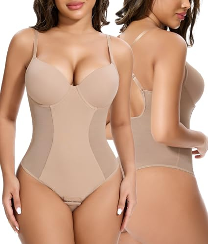SHAPERIN Mujer Fajas Reductoras con Sujetador Incorporado Bodies Moldeadores Escote en V Shapewear Bodysuit Tanga Built-in Bra Body Shaper Beige XL