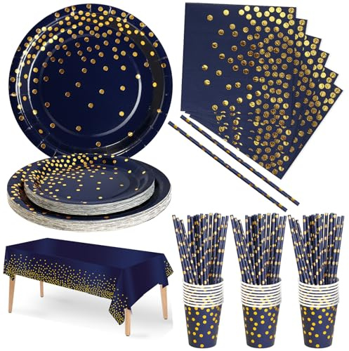 Nkaiso 126 Pezzi Blu Navy Oro Stoviglie per Feste, Festa Decorazioni Set Include Piatti di Carta Tovaglioli Tazze di Carta Cannucce Tovaglia,per Nuziale Matrimonio,Compleanno -25 Ospiti
