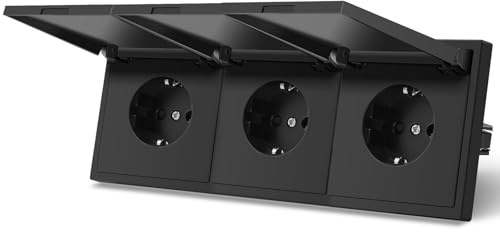 MVAVA Enchufe Exterior,Enchufes pared Con Garfio,Empotrable Estándar,Tapa con Protección,Placa de Mate,Seguridad infantil,3 Enchufes con Tapa,220mm Negro