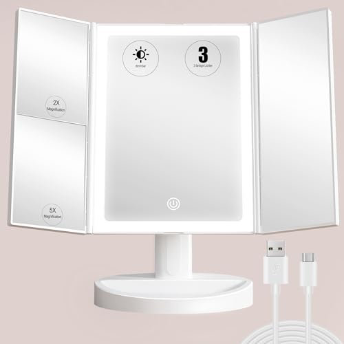 S'bagno LED Kosmetikspiegel mit Beleuchtung, Wiederaufladbarer Schminkspiegel, 3 Farbmodi & Dimmbare Helligkeit, 360° Drehbar, Tischspiegel für Makeup & Gesichtspflege, Geschenkidee für Frauen
