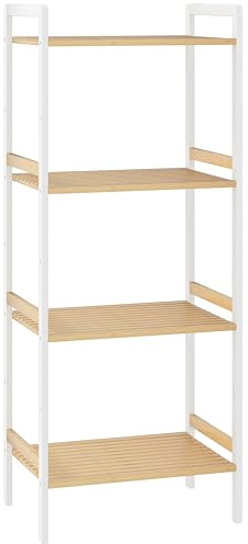 HOMCOM 4-Tier Bamboo Bathroom Storage Shelf, Freestanding Shelving Unit with Adjustable Rack for Kitchen Bathroom Living Room, Natural and White