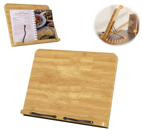 GCFTIFF Recipe Book Holder,Cookbook Stand Wood Cookbook Holder for Kitchen, Adjustable Angle and Page Paper Clips,Magazine Holder for Desk, Laptop Stand, Tabletop Easel (Wood, S(11'' x 7.9''))