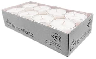 Fündig 16 Maxi Teelichter im Acryl-Becher Brenndauer bis zu 10 h - ohne Duft - Maxiteelichter für Teelichtglas - Gastro - Hochzeit - Dekorieren - Feiern - Entspannen