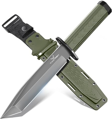 TAN REN Coltello Outdoor Survival in Acciaio D2, Bushcraft Full Tang con Lama Fissa e Fodero Kydex, Coltello da Caccia per Campeggio, Trekking, Escursionismo, Impugnatura Ergonomica, Verde Militare