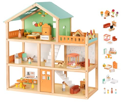 OOOK Large Wooden Dollhouse with 42 Pcs Luxurious Furniture Accessories, 3-Story Doll House 6 Rooms Balcony Wooden Stairs, Ideal Modern Dollhouse for Toddlers 3-5