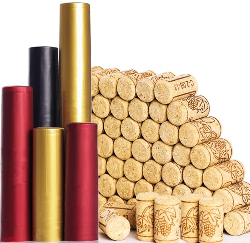 200 PCS Wine Bottle Corks and Seals, 100 Count Natural Wine Corks and 3 Colors (Red, Black, Gold) 100 Count PVC Heat Shrink Capsules for Wine Bottles, Size 8 Straight Cork Stopper