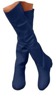 Blue Slouchy Knee High Boots for Women UK,Low Chunky Heel Boot with Side Zipper Round Toe Booties Ladies Casual Suede Shoes Winter Non Slip Dressy Comforable Wedge Warm Wide Flat Booties