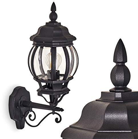 Außenwandleuchte Lentua, Wandlampe aufwärts in antikem Look, Aluguß in Schwarz m. Kunststoff-Scheiben, Wandleuchte m. E27-Fassung, 60 Watt, Retro/Vintage Außenleuchte für Terrasse, Veranda u. Hof