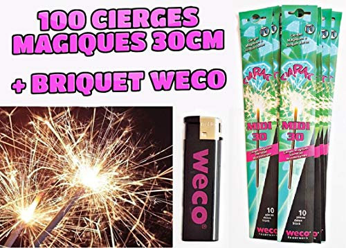 WECO Lot de 100 cierges Magiques (Scintillants ou étincelants) Taille XL 30 cm, durée 70 Secondes + Briquet WECO - Catégorie F1