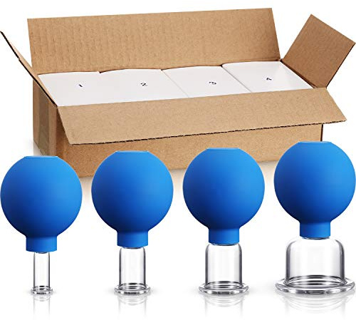 4 Pieces Glass Cupping Set Glass Silicone Cupping Cups Massage Vacuum Suction Cupping Cups for Body Face Leg Arm Back Shoulder Muscle and Joint Pain (Blue)