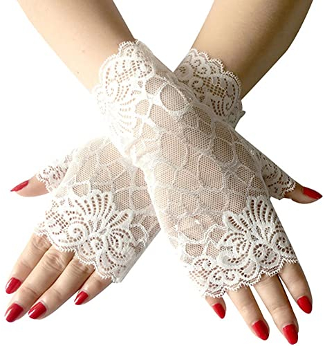 MoreChioce Damen Fingerlose Spitzen Handschuhe, 1 paar Elegant Blume Muster Kurz Fingerlos Spitze Handschuhe Half Finger Netzhandschuhe UV Schutz Fingerhandschuhe Brauthandschuh,Weiß #B