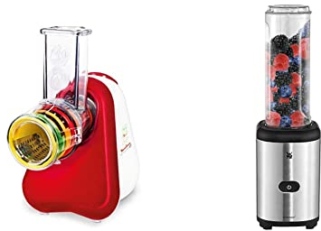 Moulinex DJ756G Fresh Express Plus | Elektrisches Schnitzelwerk 5 Einsätze inkl. Reiben | 200W | Rot/Weiß & WMF Kult X Mix & Go Mini Smoothie Maker, Blender elektrisch, Shake Mixer 300 Watt